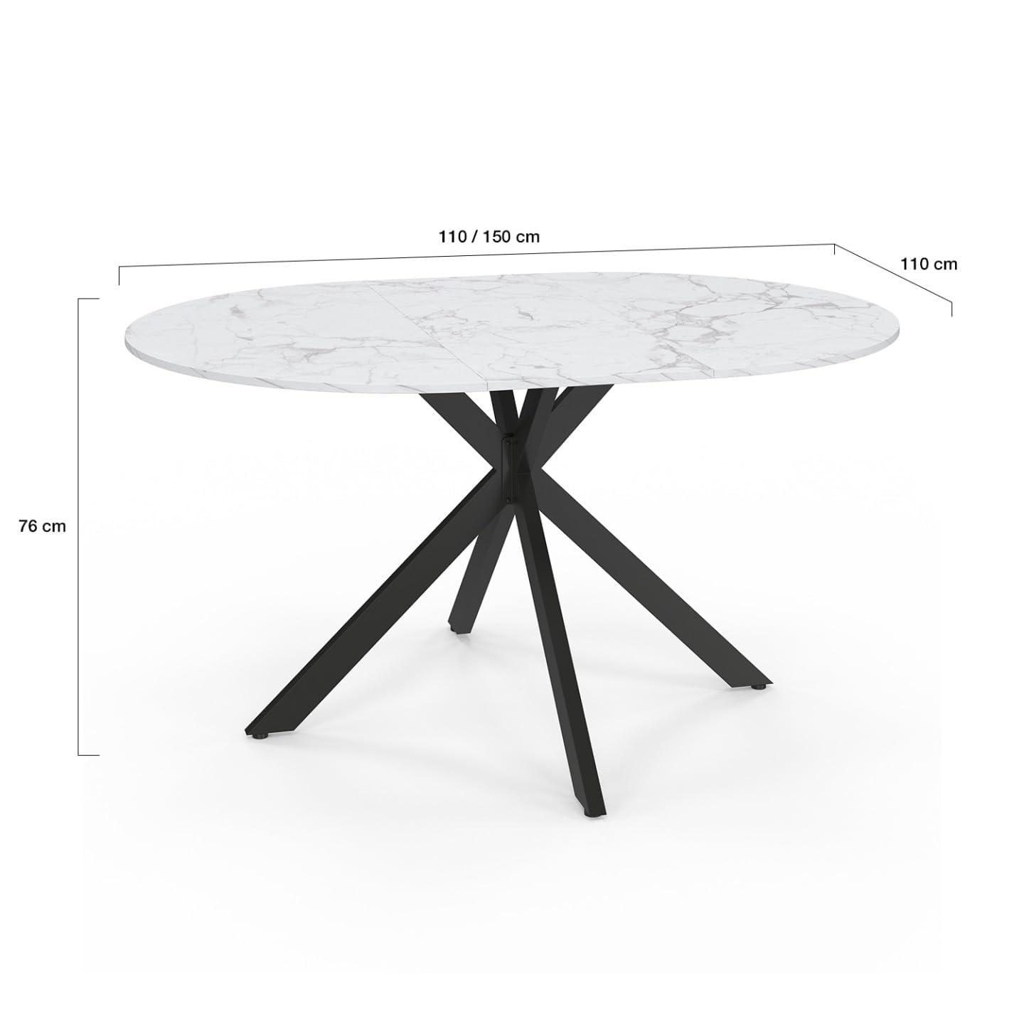 IDMarket - Tavolo da pranzo rotondo allungabile ALIX, 4-8 persone, gamba a ragno in metallo nero, piano effetto marmo ALASKA, 110-150 cm
