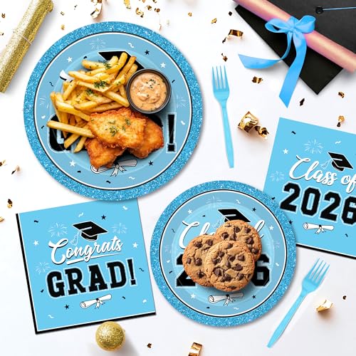 Image of QZYL 50 Set Graduation Party Supplies, Sky Blue Graduation Plates and Napkins 2026, Disposable Dessert Plates and Plastic Forks, 200Pcs Grad Party Tableware for Wedding, Birthday, Graduation