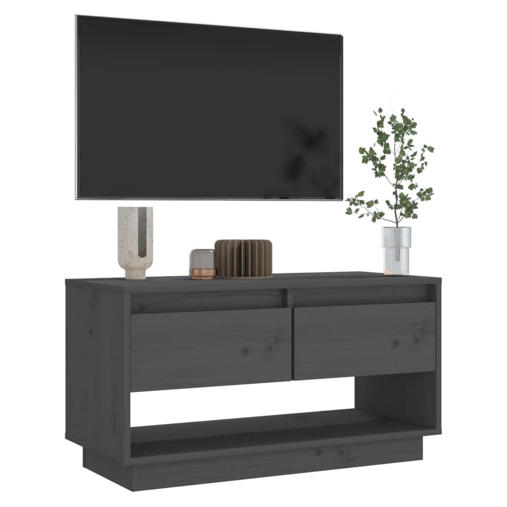 TV-Schrank Grau aus Massivholz Kiefer 74x34x40 cm mit 2 Schubladen, Modernes Media Center für Wohnzimmer, Schlafzimmer und Flur, Robuste TV-Konsole
