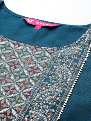 Image of Varanga Women Solid Silk Blend Kurta Trouser Set | Woven Yoke Design | 3 /4 Sleeve | Elastic Waist | Casual Wear