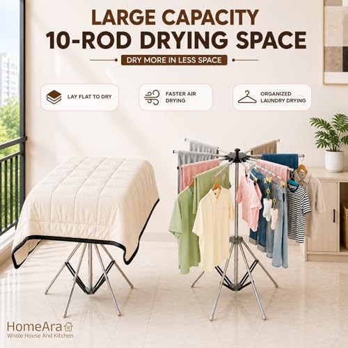 Image of Foldable Umbrella Style 4-Leg Clothes Drying Stand | 10 Rod Stainless Steel Laundry Dryer Rack | Space Saving Portable Heavy Duty Rust Resistant Cloth Drying Stand for Indoor & Outdoor Use