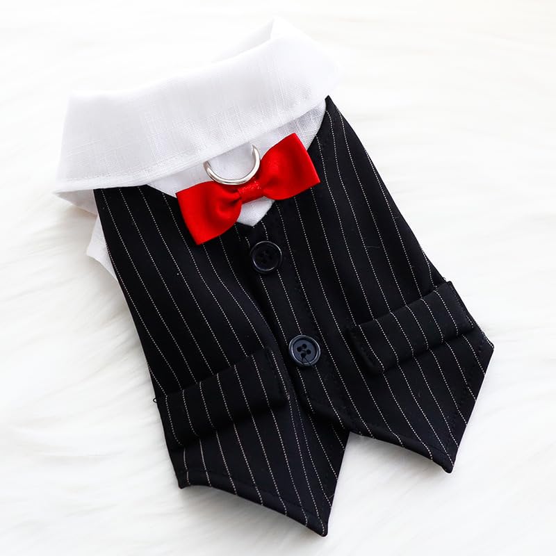 KUTKUT Striped Small Dog Cat Tuxedo Shirt with D-Ring Formal Suit Bow Tie Costume Stylish Pet Wedding Shirts Dog Prince Wedding Bow Tie Shirt Puppy Clothes for Cats Dogs (Size: M, Chest: 38-42cm) (B0D2D6Q4QZ) Amazon Price History, Amazon Price Tracker