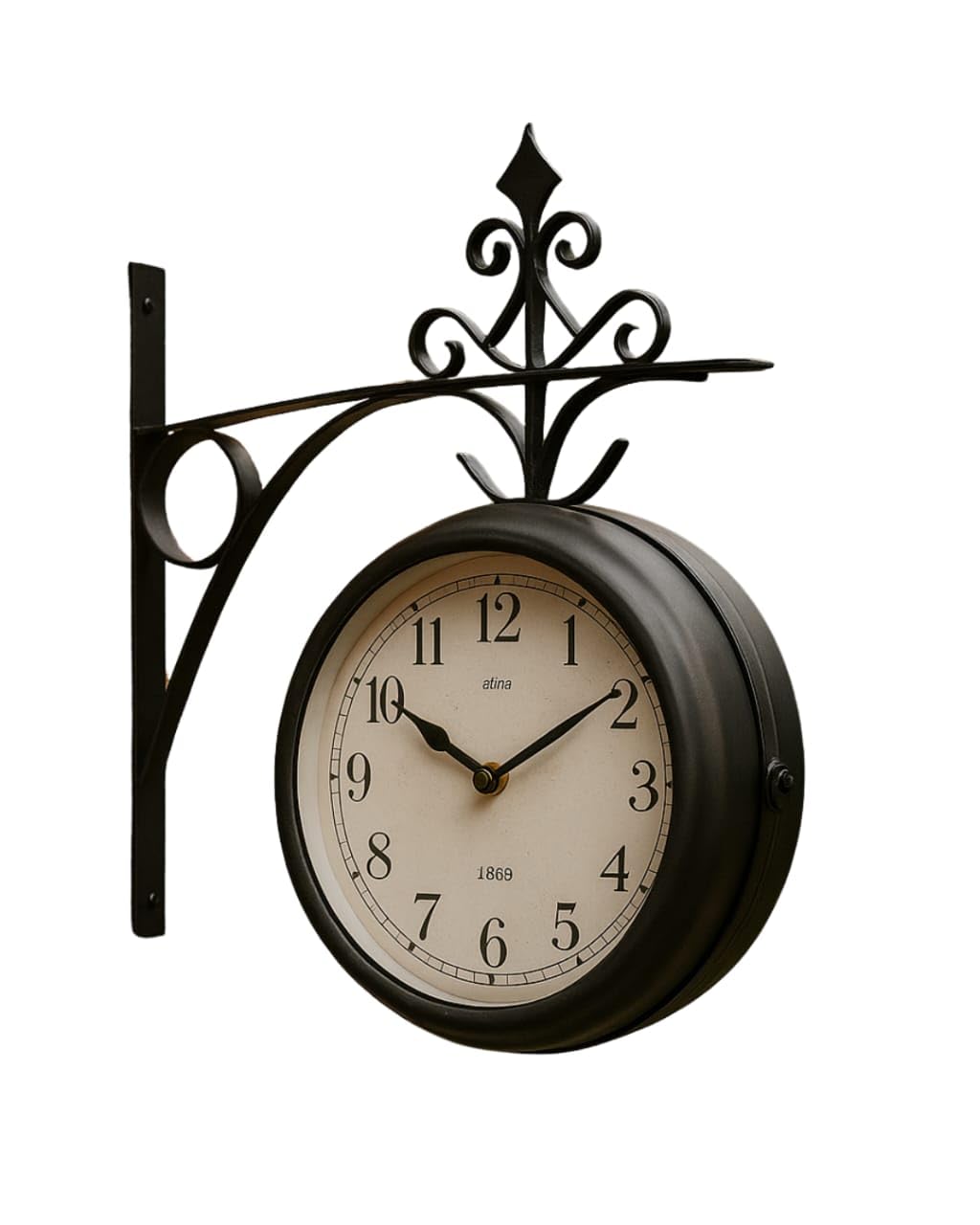 MEHRU Black Outdoor Dual Sided Station Clock, Waterproof Vintage Garden Clocks, Wall-Mounted Retro Central Station Clock, Outdoor Wall Clocks with Wrought Iron Bracket for Garden/Patio. (22W x 25H cm)