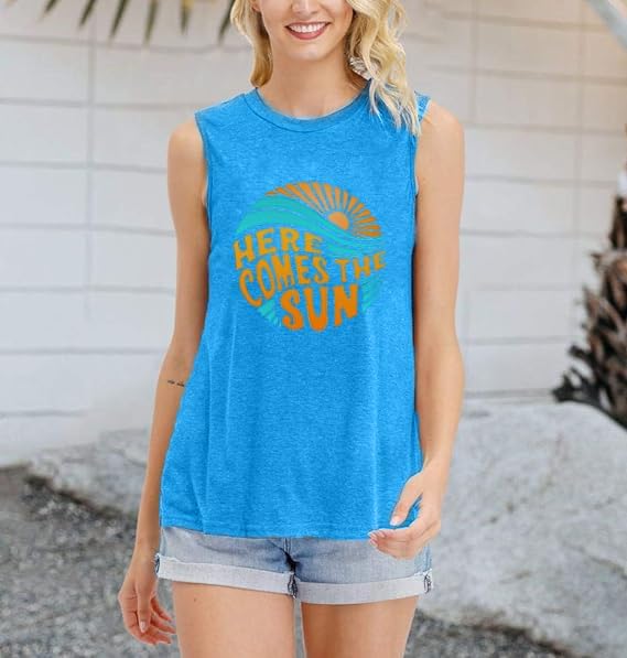 Here Comes The Sun Tank Tops Women Sunshine Graphic Sleeveless Vintage Travel Vacation Tops Summer Beach Shirts - Image 3