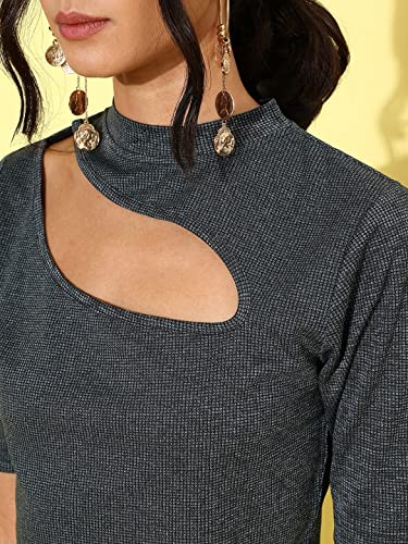 Image of Style Quotient Women Charcoal Grey Solid Cut-Out Detail Crop Top
