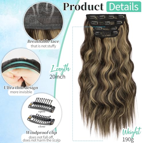 Image of KooKaStyle Wavy Thick Clip in Hair Extensions 20 inch Brown mix Sandy Blonde | 4 Pieces Clip in Extensions,Fiber Double Weft Hairpieces,Natural Volume,Beach Wave Long Synthetic Hairpieces for Women