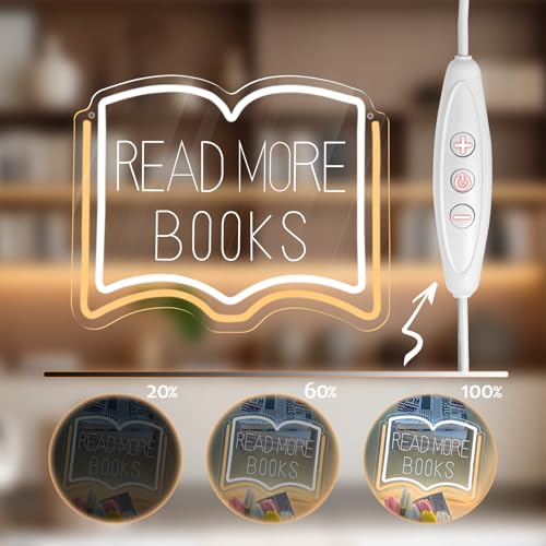 Image of Read More Books Neon Sign, Dimmable LED Reading Neon Light USB Powered for Library Classroom Bookstore Decor, Reading Room Wall Sign for Study Room Bookshelf, Book Lover Gift (Warm White)