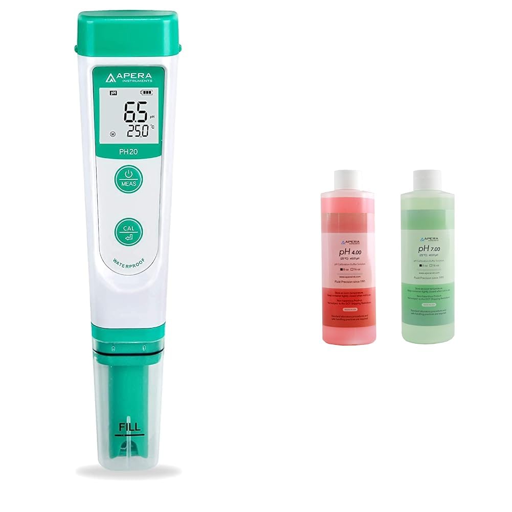 APERA INSTRUMENTS AI209 Value Series PH20 Waterproof pH Tester Kit, ±0.1 pH Accuracy & AI1113 pH Calibration Buffer Solution Kit (7.00, 4.00), 8 oz. Each