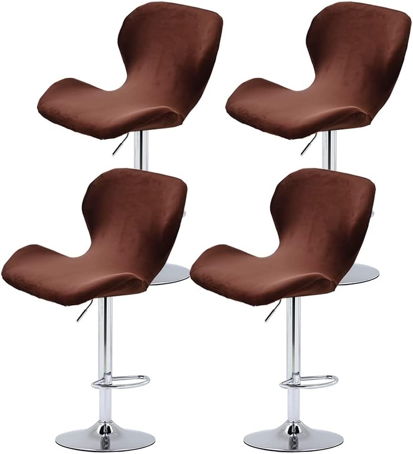 XMNTG Set of 4 Stretch Coffee Velvet Bar Stool Chair Covers Kitchen Swivel Stools Slipcovers Curved Short Back Chair Covers Chair Protector Covers for Counter Bar Office Pub Kitchen(Coffee, 4PCS)