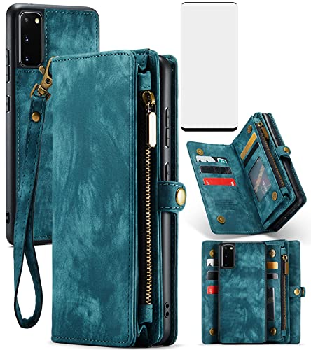 Asuwish Phone Case for Samsung Galaxy S20 Glaxay S 20 5G UW 6.2 inch Zipper Wallet Detachable Cover with Tempered Glass Screen Protector and Leather Flip Card Holder Cell Gaxaly 20S G5 Women Men Blue