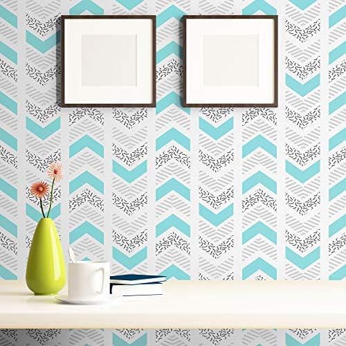 Walls By Me Peel and Stick Grey and Blue Chevron Geometric Removable Wallpaper 4094-2ft x 8.5ft (61x260cm)