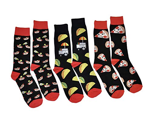 Bop Classy Mens Fun Novelty Crew Socks - 3 Pair Pack (Fast Food - Taco, Pizza & Hot Dog)