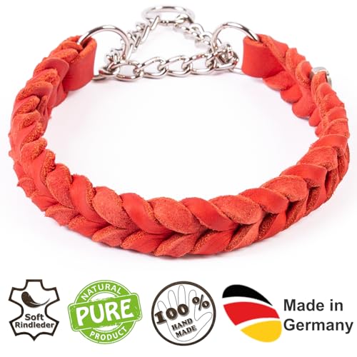 CopcoPet Fettleder Halsband 60–65cm x 25mm Rot – Geflochten mit Zugstopp-Kette – Robust & weich – Verchromte Kette – Lederhalsband für große Hunde, Training & Alltag