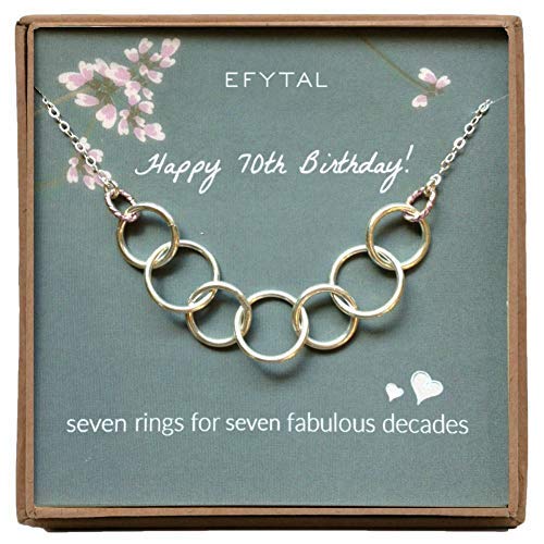 EFYTAL Happy 70th Birthday Gifts for Women Necklace, Sterling Silver 7 rings seven Decades Necklaces Gift Ideas