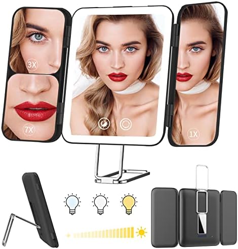 TOUCHFEEL Travel Lighted Makeup Mirror, Rechargeable Lighted Vanity Mirror with 1X/3X/7X Magnifying, Portable Folding Tabletop Cosmetic Mirror with 3 Color Lights and Touch Sensor Design (Black)