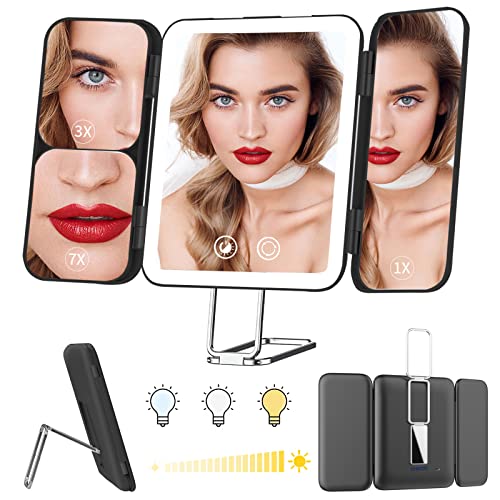 Touchfeel Travel Lighted Makeup Mirror, Rechargeable Lighted Vanity Mirror With 1X/3X/7X Magnifying, Portable Folding Tabletop Cosmetic Mirror With 3 Color Lights And Touch Sensor Design (Black) #TOP4