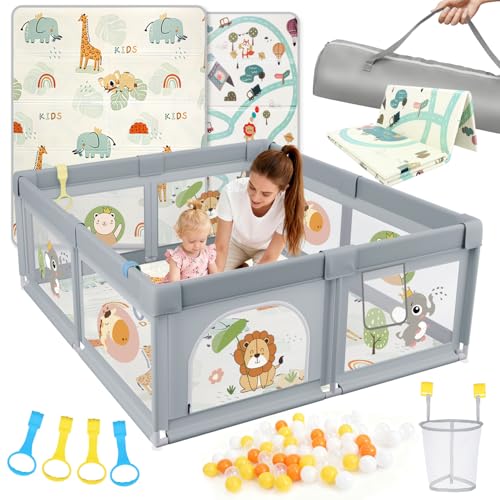 SPYLAVE Parque infantil para bebé, 180 x 200 cm, con colchón, XXL con fondo antideslizante y red transpirable, tejido Oxford 210D, parque infantil estable y seguro, Playpen, 60 pelotas, 4 asas