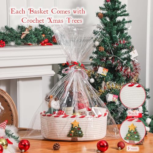 Image of Mothers Day Gift Basket Empty with 2 Greeting Cards | Ribbon | Cellophane, Empty Cotton Rope Storage Basket With Concealed Handle For Baby Shower, Easter, Halloween, Birthday, 14*10*5 inches Crochet Tree Red