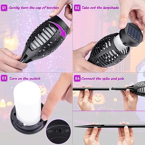 IkeeRuic Halloween Decorations Outdoor, Purple Halloween Solar Lights with Flickering Flame, Solar Torch Lights for Yard Decorations, Waterproof Outdoor Lighting for Garden Pathway Patio Outside Decor