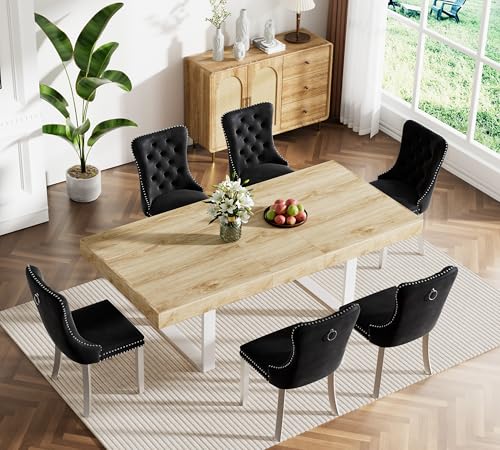 Image of Oak Dining Room Table Set for 6, 7-Piece 63 inch-78.74 inch Extendable Dining Table Set with 6 Upholstered Chairs, Rectangle Wooden Expanding Kitchen Table and Black Chairs Set