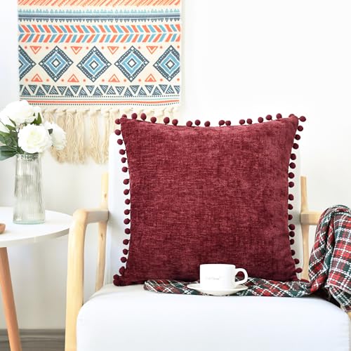 CaliTime Pillow Cases Pack of 2 Cozy Solid Dyed Soft Chenille Cushion Covers with Pom Poms for Couch Sofa Home Decoration 50cm x 50cm Burgundy - Image 3