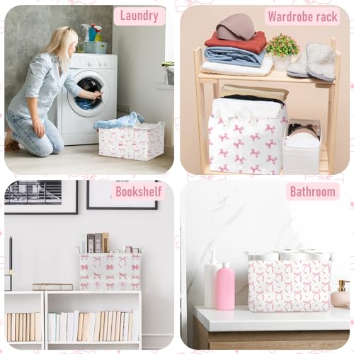 Image of Chunful 4 Pcs Coqutte Pink Bow Storage Baskets Cute Preppy Pink Hamper Storage Bins Foldable Laundry Baskets with Handle Collapsible Organizer for Home Bathroom, Offices, Bedrooms