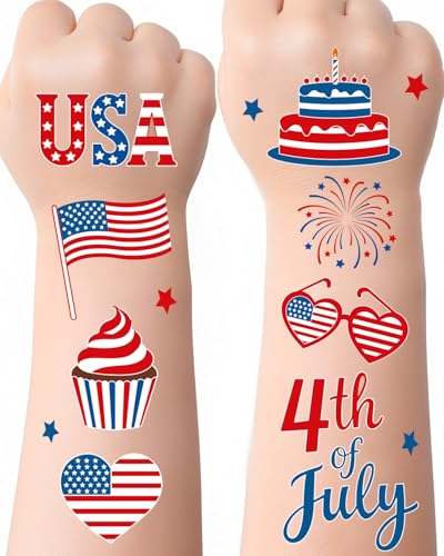 4th of July Temporary Tattoos for Kids 108 Patriotic USA Designs Waterproof Independence Day Tattoo Stickers Party Favors Goodie Bag Fillers