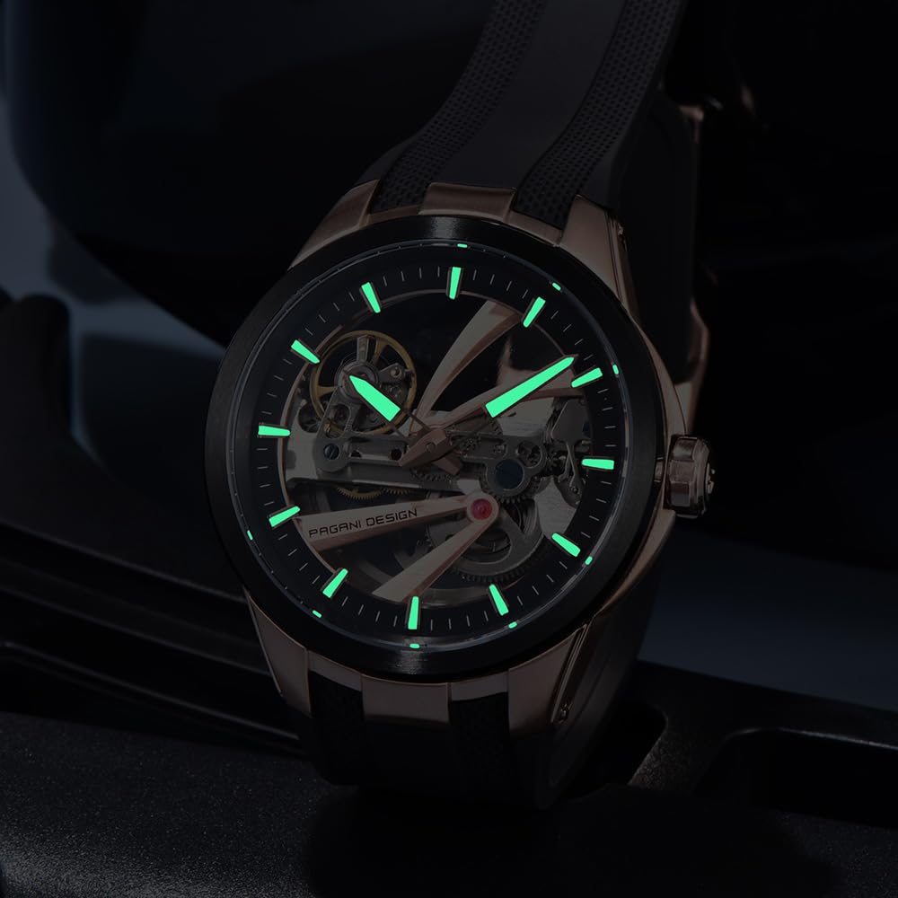 Pagani Design, orologio meccanico automatico da uomo, quadrante scheletrato, cassa in acciaio inossidabile, cinturino in fluorurubber, impermeabile fino a 100 m, orologio di lusso per uso quotidiano