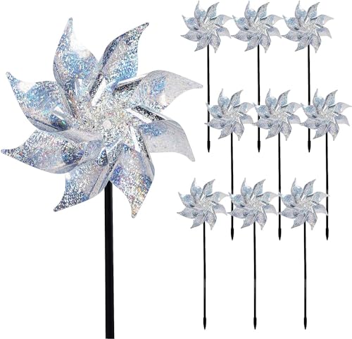 ERBO 10 Stück Windrad Vogelabwehr, Taubenabwehr Balkon, Windrad Garten, Reflektierende Windräder, Vogelschreck Vogelscheuche Balkon, Taubenabwehr für Protect Balkon, Garten, Hof, Obstgarten (Silber)