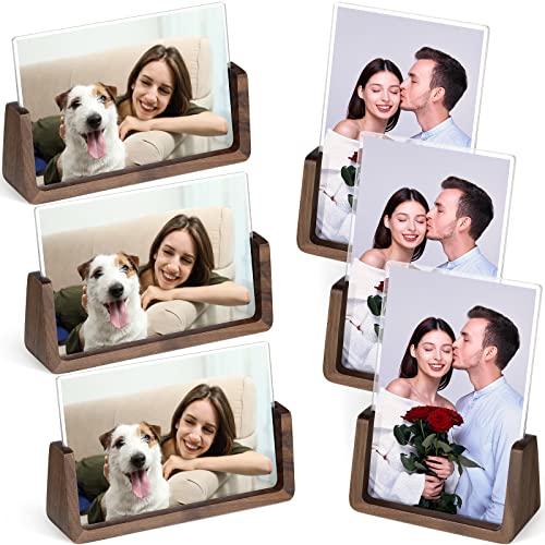 six picture frame - 6 Packs 4 x 6 Inch Picture Frames Rustic Wooden Photo Frames with Walnut Wood Base and High Definition Double Acrylic Glass Covers Desk Picture Frames for Office Horizontal Vertical Desktop Display