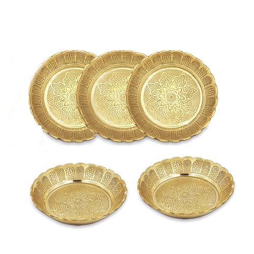 Shubhkart Solid Brass Decorative Nakshi Plate Set for Puja, Decoration & Gifting (Medium 9.5 cm, Pack of 5, Solid Brass)