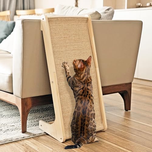 PETKARAY Dual-Use Kratzbrett Katze, 68 cm Hohe L-förmiger Sisal Kratzsäule, Kratzpads für Katzen, Katzenkratzbrett für Wand und Ecke (Mit Katzenminze, Mausspielzeug)