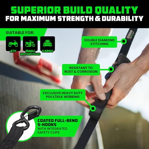 rhino usa retractable ratchet straps 4-pack - 1 inch x 10 feet 1209lb break strength - heavy duty auto self retracting tie down straps for truck cargo trailer motorcycle atv utv - black