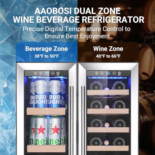 Image of AAOBOSI Upgraded 88 Cans 25 Inch 19 Bottles Dual Zone Wine and Beverage Cooler,Built-in and Freestanding,Removable Fashion Wooden Frame,Intelligent Digital Temperatrue Control,Low Noise