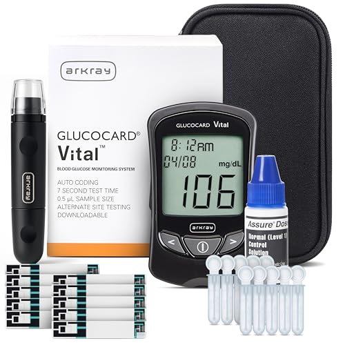 ARKRAY GLUCOCARD Vital Blood Glucose Monitor Kit – Fast, Accurate & Easy-to-Use Blood Glucose Monitoring System with Meter, 10 Test Strips, 10 Lancets, Control Solution, Lancing Device & Carrying Case