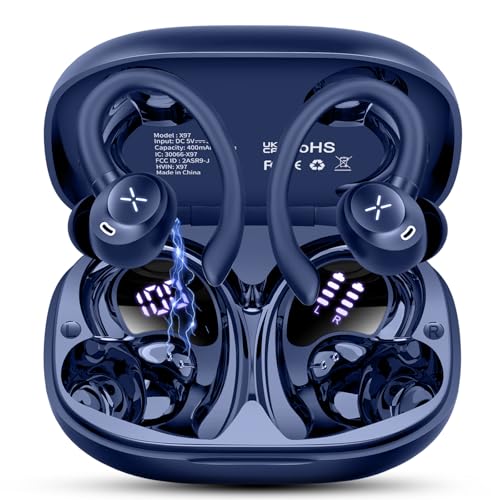 Auriculares Inalambricos Deportivos, Auriculares Bluetooth 5.4 HiFi Estéreo, 50H Cascos Inalambricos Bluetooth con 4 HD Mic y Reducción de Ruido ENC, Pantalla LED, IP7 Impermeable Cascos Running, Azul