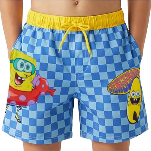 Get Trend Spongebob Squarepants Boys Swimming Shorts 4-12 Yrs, UPF 50+ Swim Shorts, Elasticated Mesh Lined Beach & Pool Swimming Trunks (5-6 Years, Blue Spongebob)