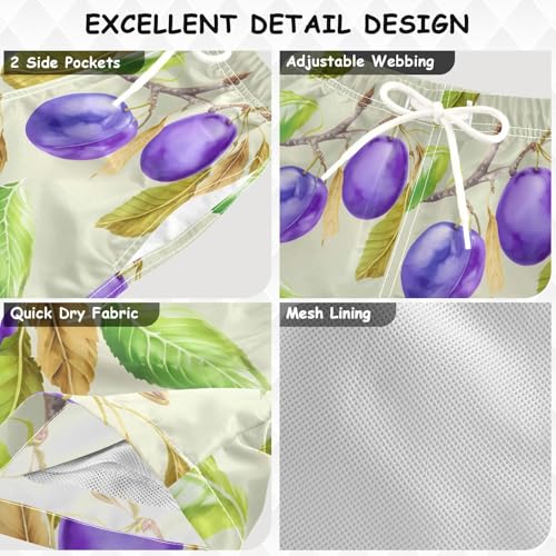 DOMIKING Plum Leaves Beige Kids' Swim Trunks with Mesh Lining Boys Swimsuits with Pockets for Swimming Hiking Quick Dry XS3