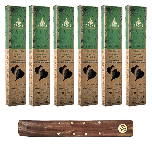 Aromasenses - 6 Cajetillas Incienso Aroma Nature Lemon Grass - 100% Natural - Hecho a Mano - 1 Hora de Duración por Varilla - Relajación Meditación Yoga + 1 Tablilla Aromasenses (6, Lemon Grass)