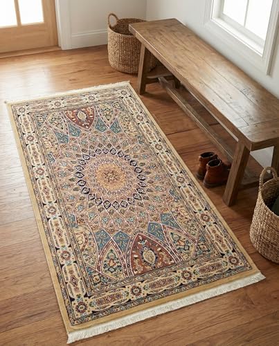 Rugs.com - Nain Design Rug – 3' 1 x 5' 3 Beige Traditional Area Rug – Stain-Resistant Textured Medallion for Entryways, Bedrooms, and Offices