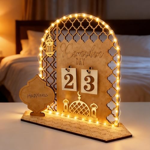 Calendrier du Ramadan en bois avec LED – décoration ramadan polyvalente pour enfants et familles, compte à rebours DIY, lumière douce 1 m, décoration islamique pour salon et table (Palais)