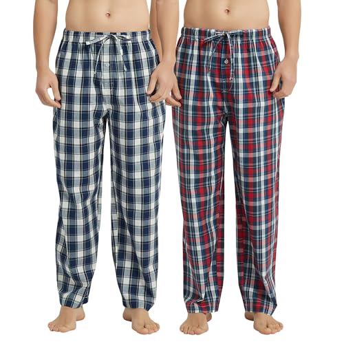 Vulcanodon 2 Pack Men's Cotton Pajama Pants, Soft Woven Pajama Pants for Men Plaid Pj Bottoms