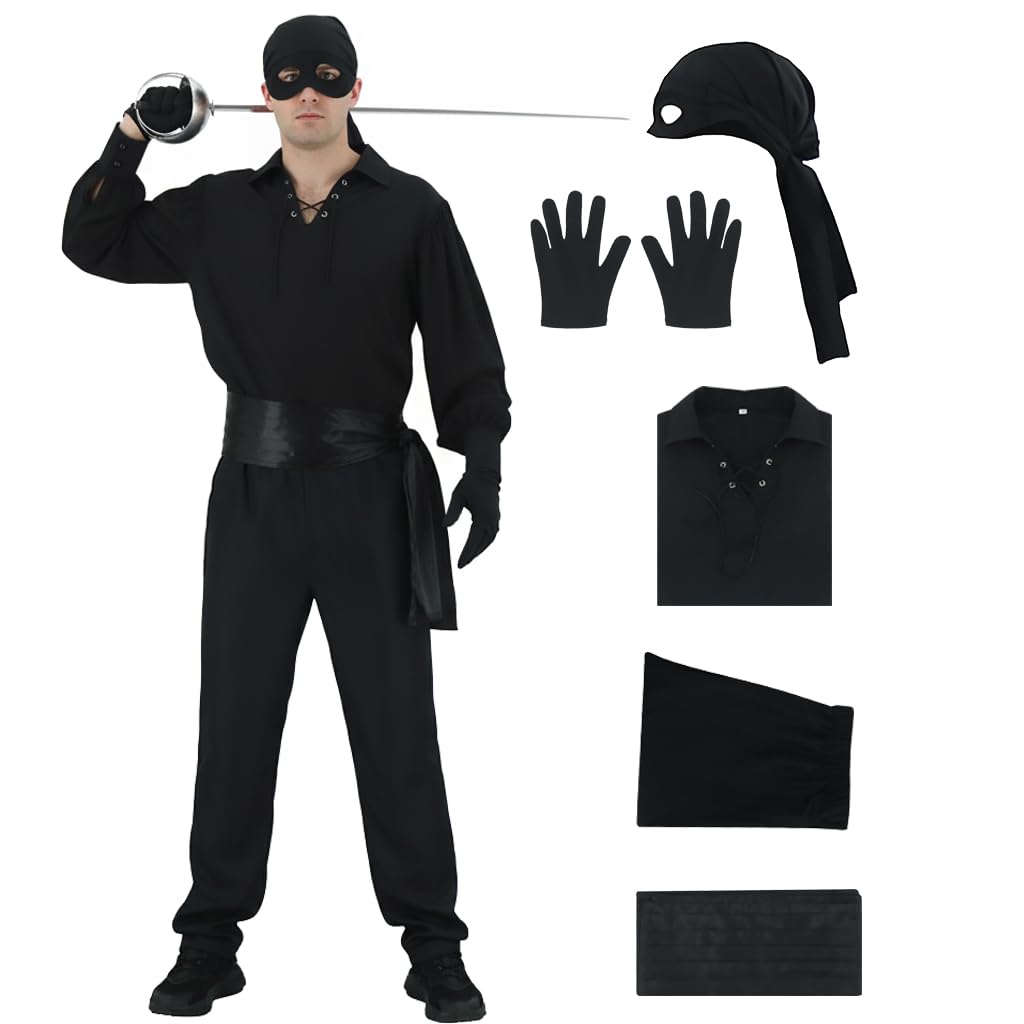 AYYOHON Princess Bride Costume Westley Pirate Medieval Renaissance Shirt Pants Eye Patch Gloves Set Masked Vigilante Outfits L