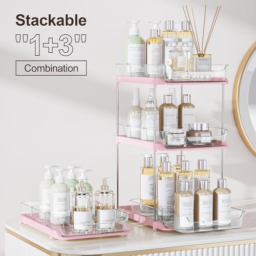 Delamu 2 Sets of 2-Tier Multi-Purpose Bathroom Under Sink Organizers and Storage, Stackable Kitchen Pantry Organization, Pull Out Medicine Cabinet Organizer with 8 Movable Dividers, Pink
