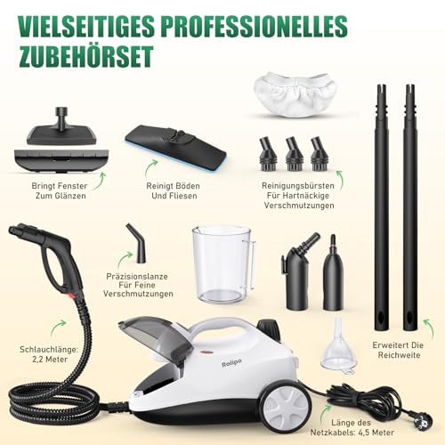 Rolipo Rolipo Dampfreiniger, Dampfdruck: 4 Bar, Leistung: 2000 W, Tank: Max 2 L, Nutzungsdauer: 40 Minuten, mit Bodenreinigungsset, Düsen und Rundbürste von Böden, Sofas, Polstermöbel und Autos - Detailansicht 2 | Bodendampfreiniger
