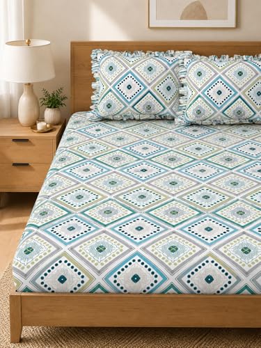 Image of 380 TC Premium Glace Cotton Elastic Fitted Bedsheet King Size with 2 Pillow Covers King Size | Double Bed with All Around Elastic (White Geometric, Fitted - Double72x72)