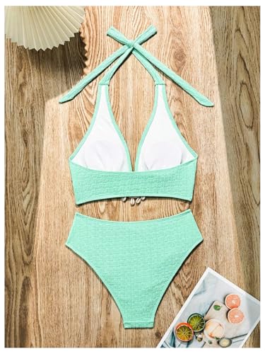 MakeMeChic Women's 2 Piece Bikini Sets High Waisted Textured Halter Tie Back Knot Shell Summer Swimsuit Bathing Suit3