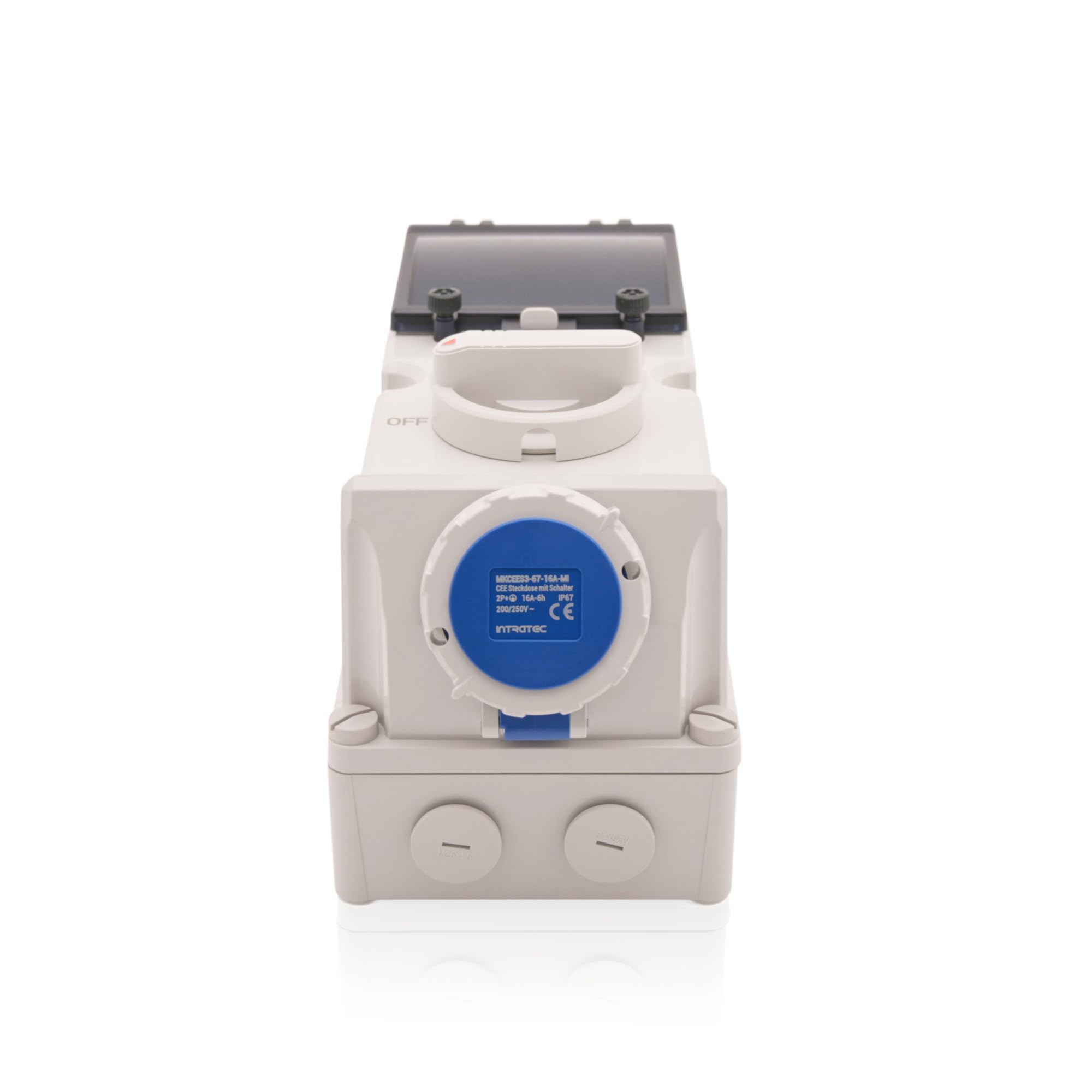 Intratec CEE Wandsteckdose 16A 3-polig IP67 – Schalter abschließbar, DIN-Schiene für LS/FI, vorverdrahtet, 230V AC, Abdeckung transparent, ABS-Gehäuse Grau