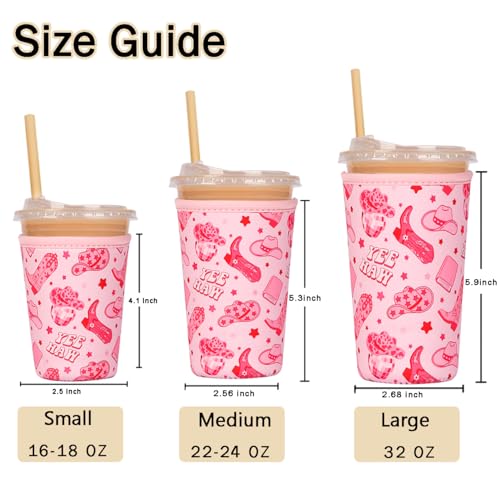 Image of Reusable Insulated Sleeve for Iced Coffee Cup, Coffee Neoprene Sleeve for Cold & Hot Drinks, Beverage Holder for Iced Coffee (Pink Cowgirl, Large: 32oz)