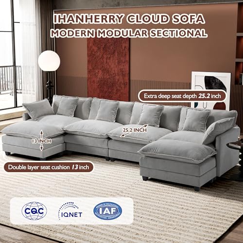 Ihanherry 146" U-Shaped Modern Sofa Modular Sectional Cloud Couch with 2 Ottoman, 6-Seat Chenille Deep Seat Sofa with 6 Pillows for Living Room, Bedroom and Apartment, Grey - Image 4